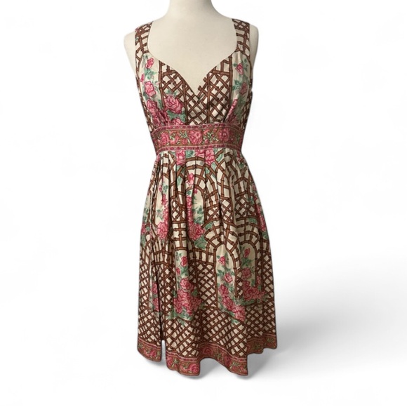 Silk  Vintage Tracy Reese Plenty Pleat Dress Brown Floral Lattice Fit & Flare - Picture 1 of 11